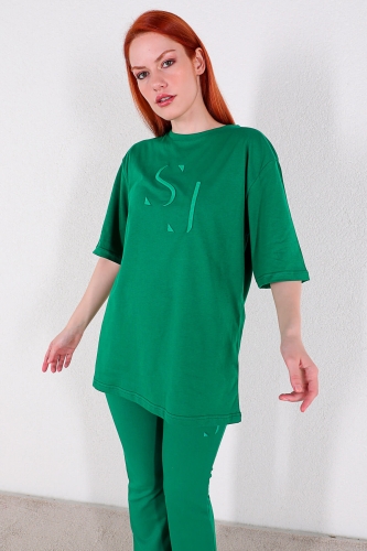 TKM-03293 Yeşil S J Nakışlı Salaş Tişört İspanyol Pantolon İkili Takım - Thumbnail