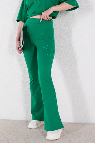 TKM-03293 Yeşil S J Nakışlı Salaş Tişört İspanyol Pantolon İkili Takım - Thumbnail