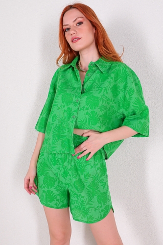 TKM-03298 Yeşil Yaprak Desenli Gömlek Şort Salaş İkili Takım - Thumbnail