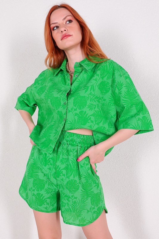 TKM-03298 Yeşil Yaprak Desenli Gömlek Şort Salaş İkili Takım
