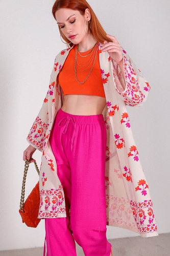 Cappmoda - TKM-03306 Taş Rengi Etnik Desen Kimono Pembe Pantolon Keten İkili Takım (1)