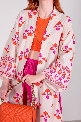 TKM-03306 Taş Rengi Etnik Desen Kimono Pembe Pantolon Keten İkili Takım - Thumbnail