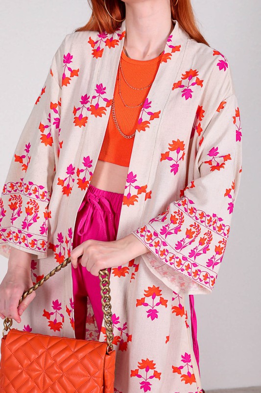 TKM-03306 Taş Rengi Etnik Desen Kimono Pembe Pantolon Keten İkili Takım