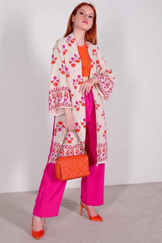 TKM-03306 Taş Rengi Etnik Desen Kimono Pembe Pantolon Keten İkili Takım - Thumbnail
