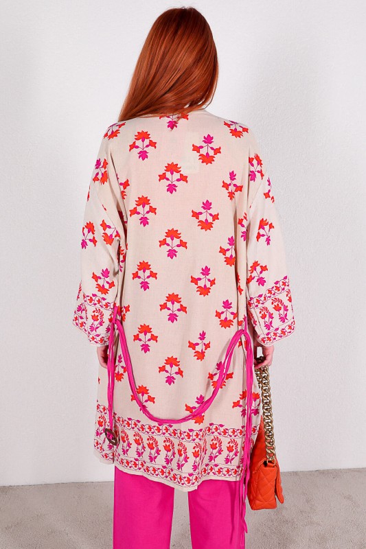 TKM-03306 Taş Rengi Etnik Desen Kimono Pembe Pantolon Keten İkili Takım