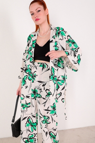 Cappmoda - TKM-03307 Taş Rengi Yeşil Çiçek Desenli Kimono Pantolon İkili Keten Takım (1)