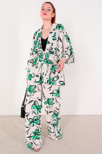 TKM-03307 Taş Rengi Yeşil Çiçek Desenli Kimono Pantolon İkili Keten Takım - Thumbnail