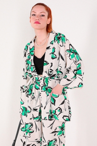 TKM-03307 Taş Rengi Yeşil Çiçek Desenli Kimono Pantolon İkili Keten Takım - Thumbnail