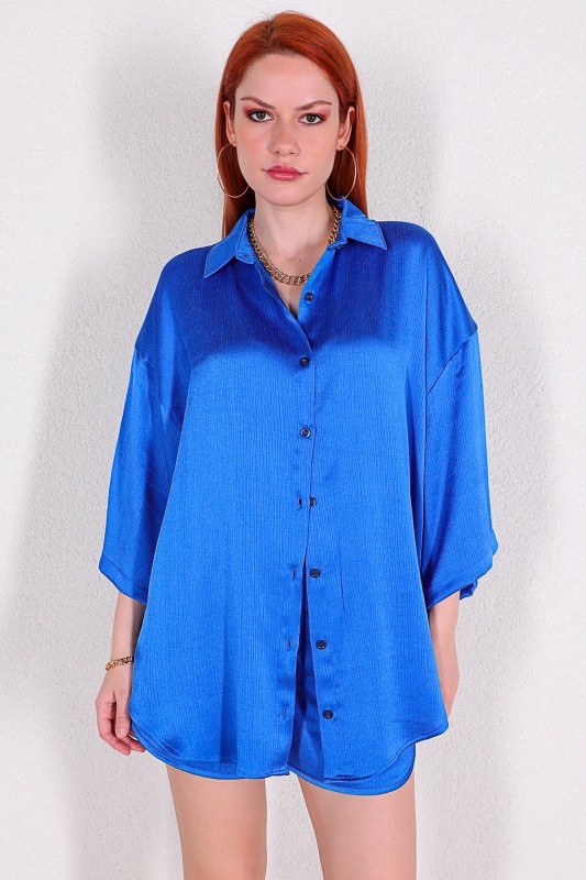 TKM-03308 Mavi Yarasa Kol Gömlek Salaş Şort Saten İkili Takım
