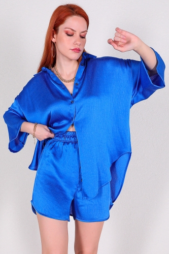 TKM-03308 Mavi Yarasa Kol Gömlek Salaş Şort Saten İkili Takım - Thumbnail