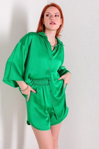 TKM-03308 Yeşil Yarasa Kol Gömlek Salaş Şort Saten İkili Takım - Thumbnail