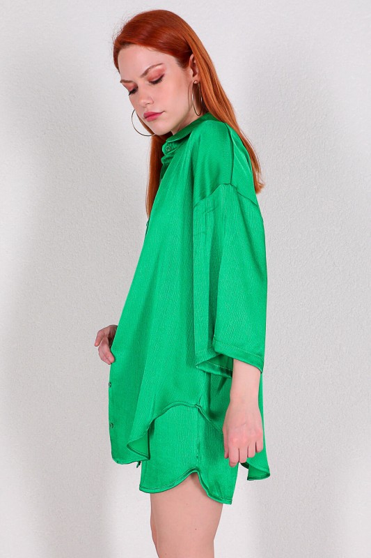 TKM-03308 Yeşil Yarasa Kol Gömlek Salaş Şort Saten İkili Takım
