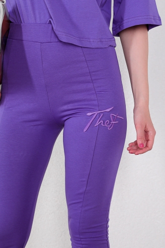TKM-03312 Mor Thef Nakışlı Salaş Tişört Yırtmaçlı Pantolon İkili Takım - Thumbnail