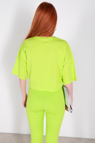 TKM-03312 Neon Yeşili Thef Nakışlı Salaş Tişört Yırtmaçlı Pantolon İkili Takım - Thumbnail