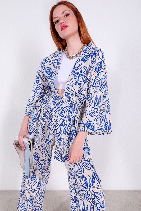 TKM-03313 Mavi Çiçek Desenli Kimono Salaş Pantolon Keten İkili Takım