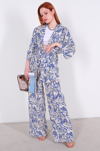 TKM-03313 Mavi Çiçek Desenli Kimono Salaş Pantolon Keten İkili Takım - Thumbnail