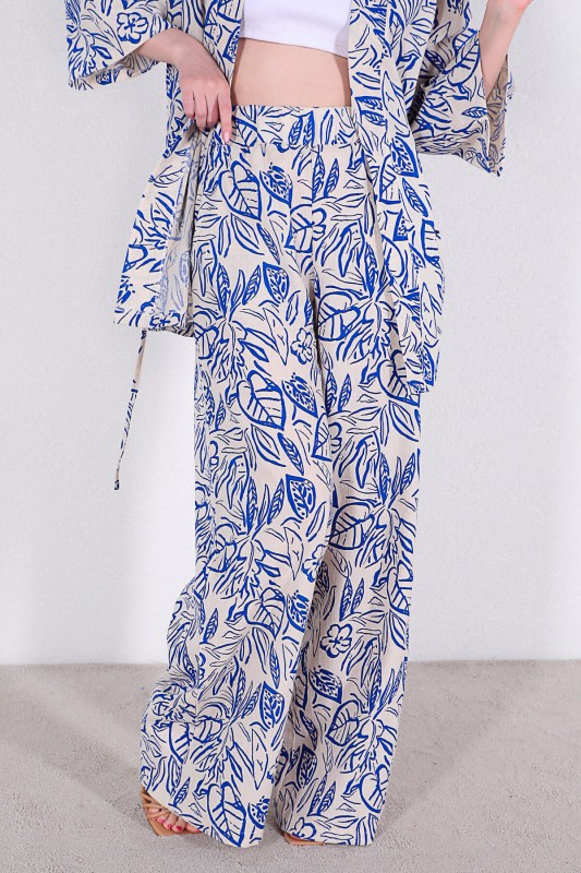 TKM-03313 Mavi Çiçek Desenli Kimono Salaş Pantolon Keten İkili Takım
