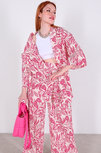 TKM-03313 Pembe Çiçek Desenli Kimono Salaş Pantolon Keten İkili Takım - Thumbnail