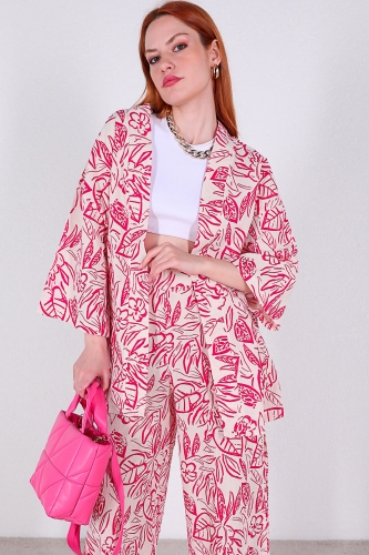 Cappmoda - TKM-03313 Pembe Çiçek Desenli Kimono Salaş Pantolon Keten İkili Takım (1)