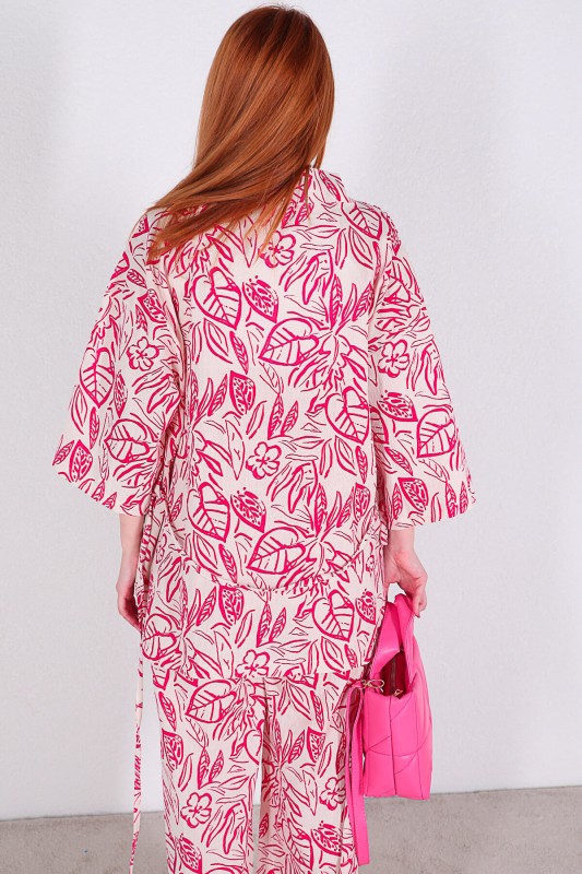 TKM-03313 Pembe Çiçek Desenli Kimono Salaş Pantolon Keten İkili Takım
