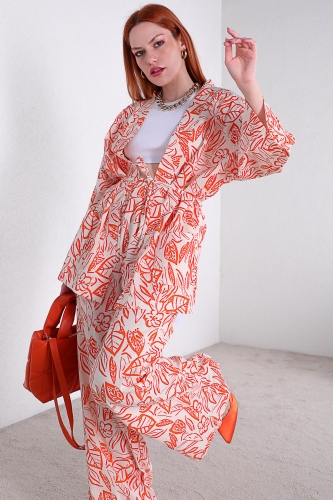 TKM-03313 Turuncu Çiçek Desenli Kimono Salaş Pantolon Keten İkili Takım - Thumbnail