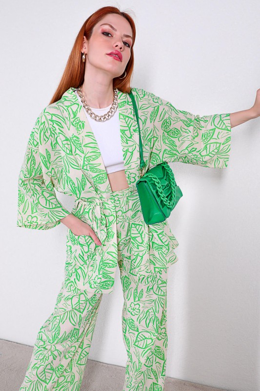 TKM-03313 Yeşil Çiçek Desenli Kimono Salaş Pantolon Keten İkili Takım