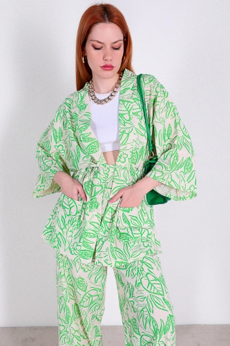 TKM-03313 Yeşil Çiçek Desenli Kimono Salaş Pantolon Keten İkili Takım - Thumbnail