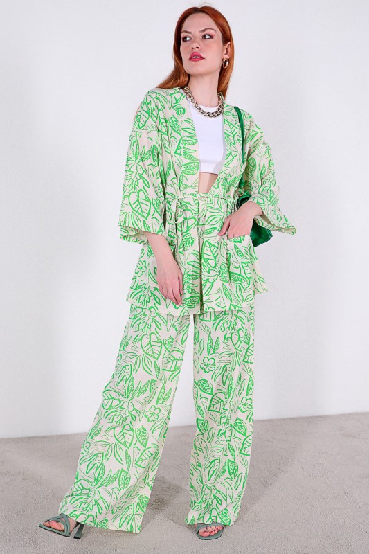 TKM-03313 Yeşil Çiçek Desenli Kimono Salaş Pantolon Keten İkili Takım