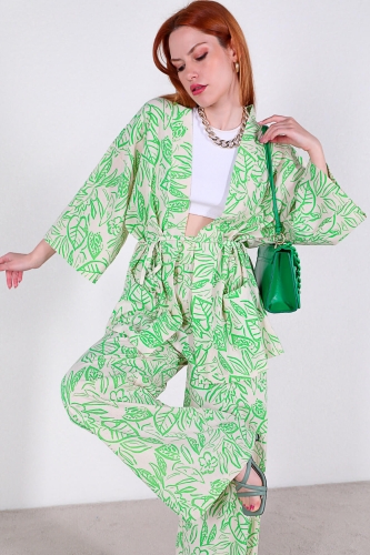 Cappmoda - TKM-03313 Yeşil Çiçek Desenli Kimono Salaş Pantolon Keten İkili Takım (1)