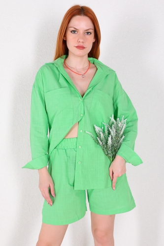 TKM-03316 Yeşil Keten Şort Gömlek İkili Takım - Thumbnail