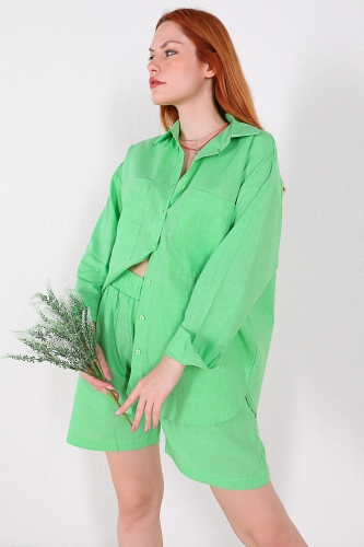 TKM-03316 Yeşil Keten Şort Gömlek İkili Takım - Thumbnail