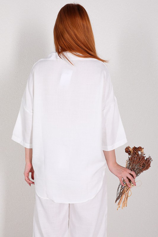 TKM-03318 Beyaz Fakir Kol Gömlek Salaş Pantolon İkili Takım