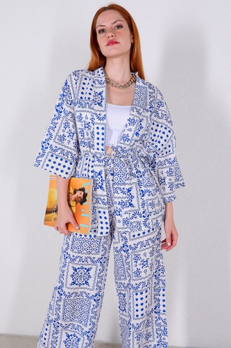 TKM-03319 Mavi Etnik Desenli Kimono Salaş Pantolon Keten İkili Takım - Thumbnail