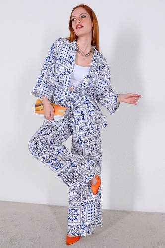 TKM-03319 Mavi Etnik Desenli Kimono Salaş Pantolon Keten İkili Takım - Thumbnail