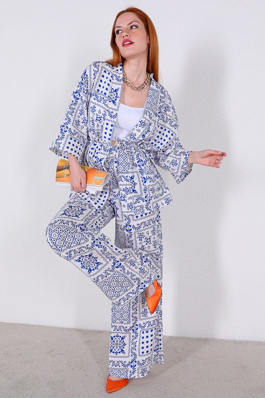 TKM-03319 Mavi Etnik Desenli Kimono Salaş Pantolon Keten İkili Takım