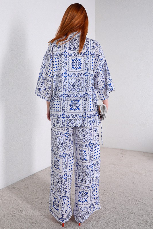 TKM-03319 Mavi Etnik Desenli Kimono Salaş Pantolon Keten İkili Takım