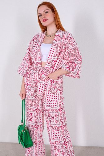 Cappmoda - TKM-03319 Pembe Etnik Desenli Kimono Salaş Pantolon Keten İkili Takım (1)