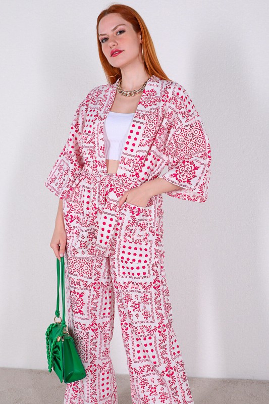 TKM-03319 Pembe Etnik Desenli Kimono Salaş Pantolon Keten İkili Takım