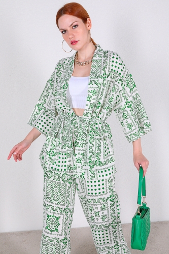 TKM-03319 Yeşil Etnik Desenli Kimono Salaş Pantolon Keten İkili Takım - Thumbnail