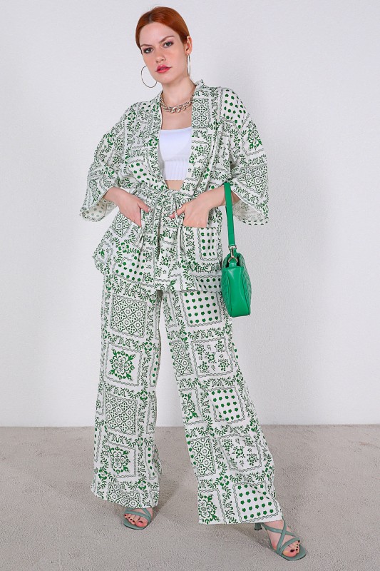 TKM-03319 Yeşil Etnik Desenli Kimono Salaş Pantolon Keten İkili Takım