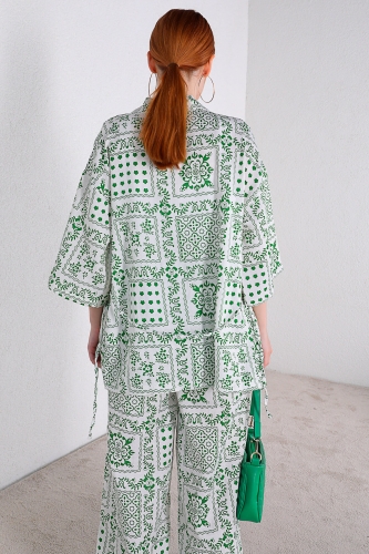 TKM-03319 Yeşil Etnik Desenli Kimono Salaş Pantolon Keten İkili Takım - Thumbnail
