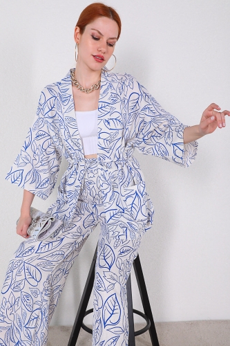 TKM-03320 Mavi Yaprak Desenli Kimono Salaş Pantolon Keten İkili Takım - Thumbnail