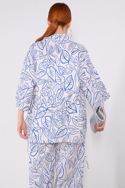 TKM-03320 Mavi Yaprak Desenli Kimono Salaş Pantolon Keten İkili Takım