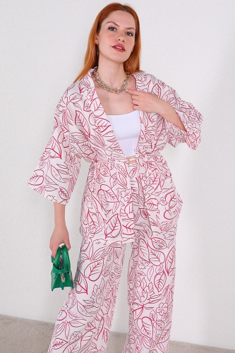 Cappmoda - TKM-03320 Pembe Yaprak Desenli Kimono Salaş Pantolon Keten İkili Takım (1)