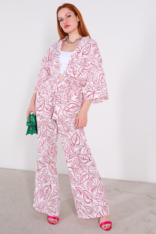 TKM-03320 Pembe Yaprak Desenli Kimono Salaş Pantolon Keten İkili Takım