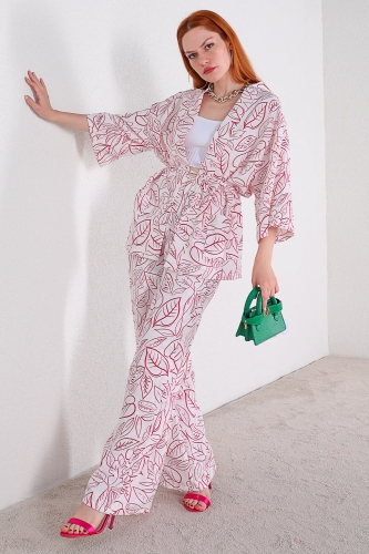 TKM-03320 Pembe Yaprak Desenli Kimono Salaş Pantolon Keten İkili Takım - Thumbnail