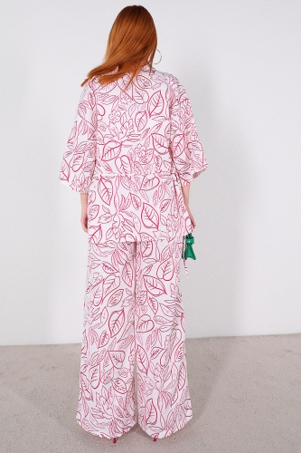 TKM-03320 Pembe Yaprak Desenli Kimono Salaş Pantolon Keten İkili Takım - Thumbnail
