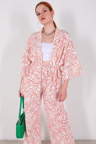 Cappmoda - TKM-03320 Turuncu Yaprak Desenli Kimono Salaş Pantolon Keten İkili Takım (1)