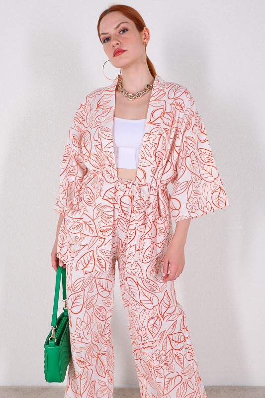 TKM-03320 Turuncu Yaprak Desenli Kimono Salaş Pantolon Keten İkili Takım