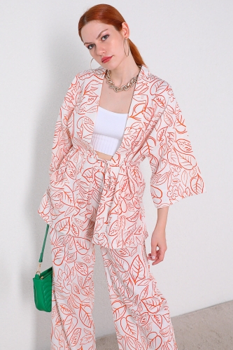 TKM-03320 Turuncu Yaprak Desenli Kimono Salaş Pantolon Keten İkili Takım - Thumbnail